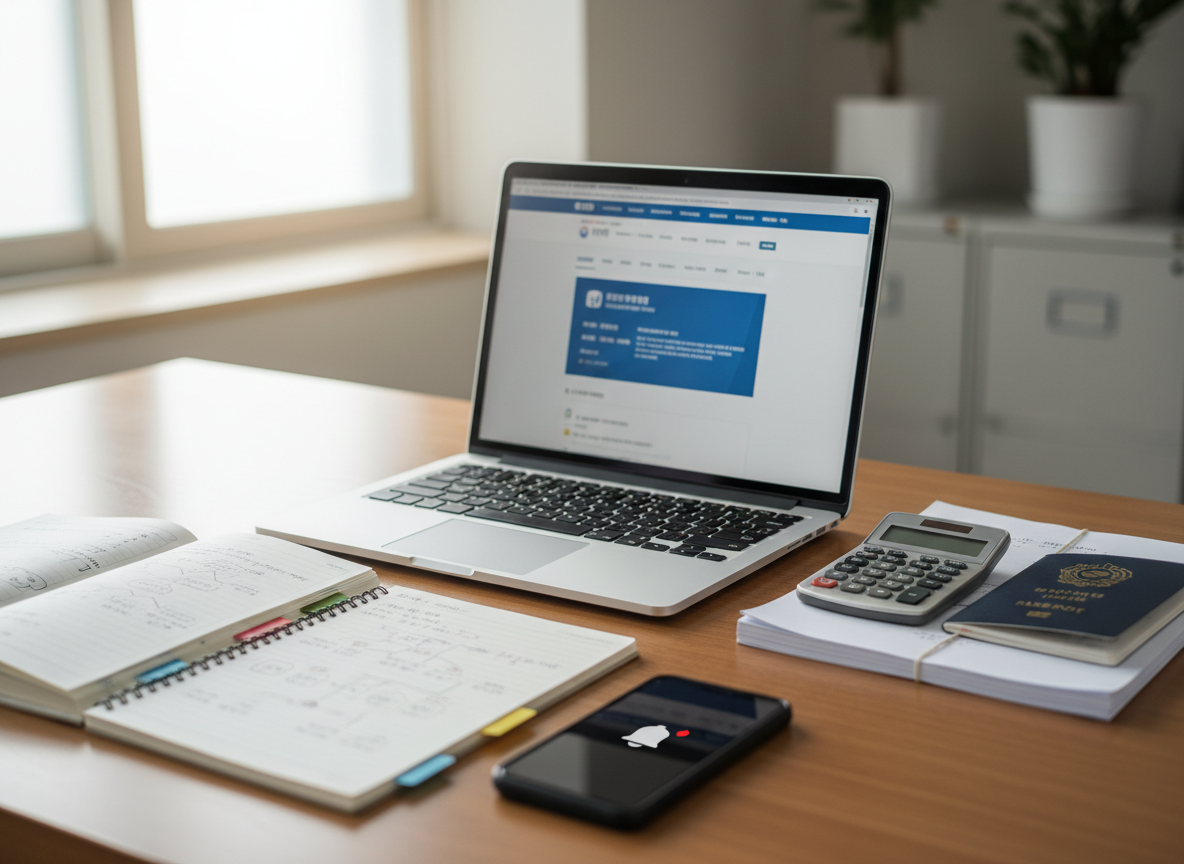 A clean wooden desk with a slim silver laptop open to a Korean government service website, surrounded by neatly stacked documents, a dark blue passport cover, and a simple calculator. An organized notebook with color-coded tabs lies beside a sleek black smartphone displaying a notification icon. Soft morning daylight enters from the left through a frosted window, creating gentle highlights on the laptop keyboard and subtle reflections on the phone screen. Shot at eye-level in photographic realism with a shallow depth of field, the background fades into a soft blur of neutral office tones. The mood is calm, professional, and dependable, evoking efficient handling of civil services and everyday life administration.
